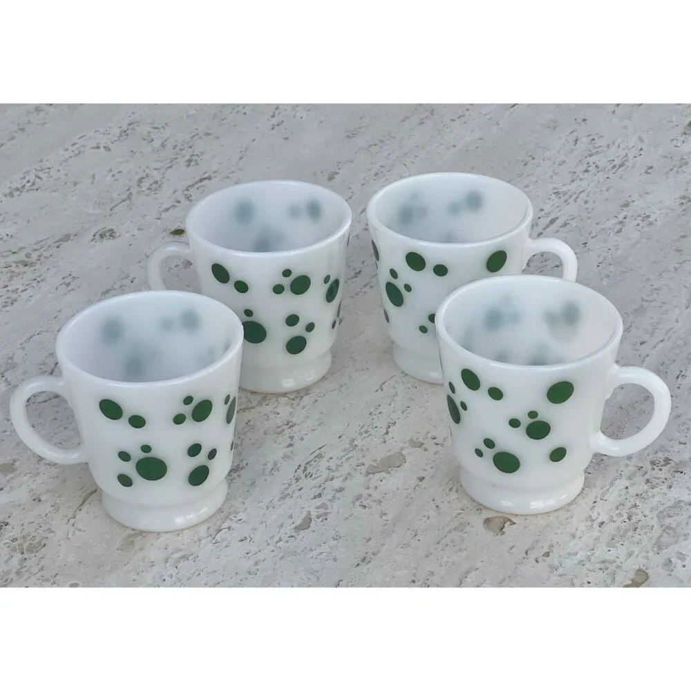 Hazel Atlas Milk Glass Footed Mugs Set Of 4 Green Polka Dot MCM Logo Retro Gift